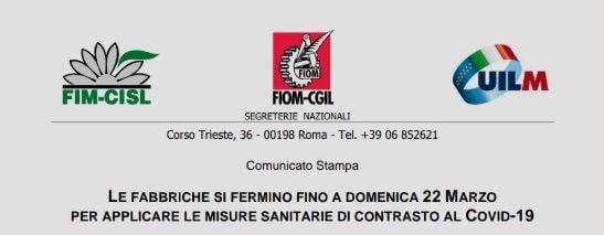 Fabbriche restino chiuse fino al 22 marzo chioedono Cgil, Cisl e Uil sciopero coronavirus FIOM UILM CISL min
